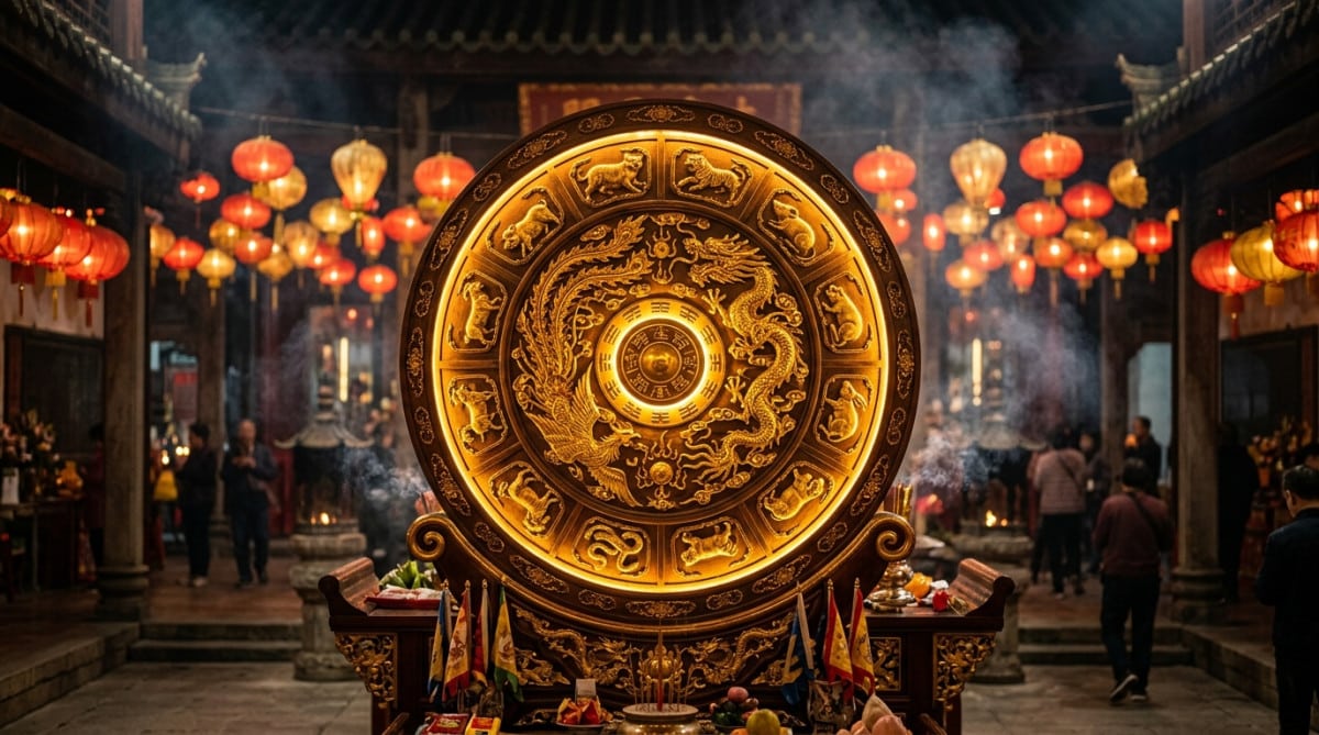 Femme méditant sereinement dans un jardin mystique baigné de lumière dorée pour l'horoscope chinois