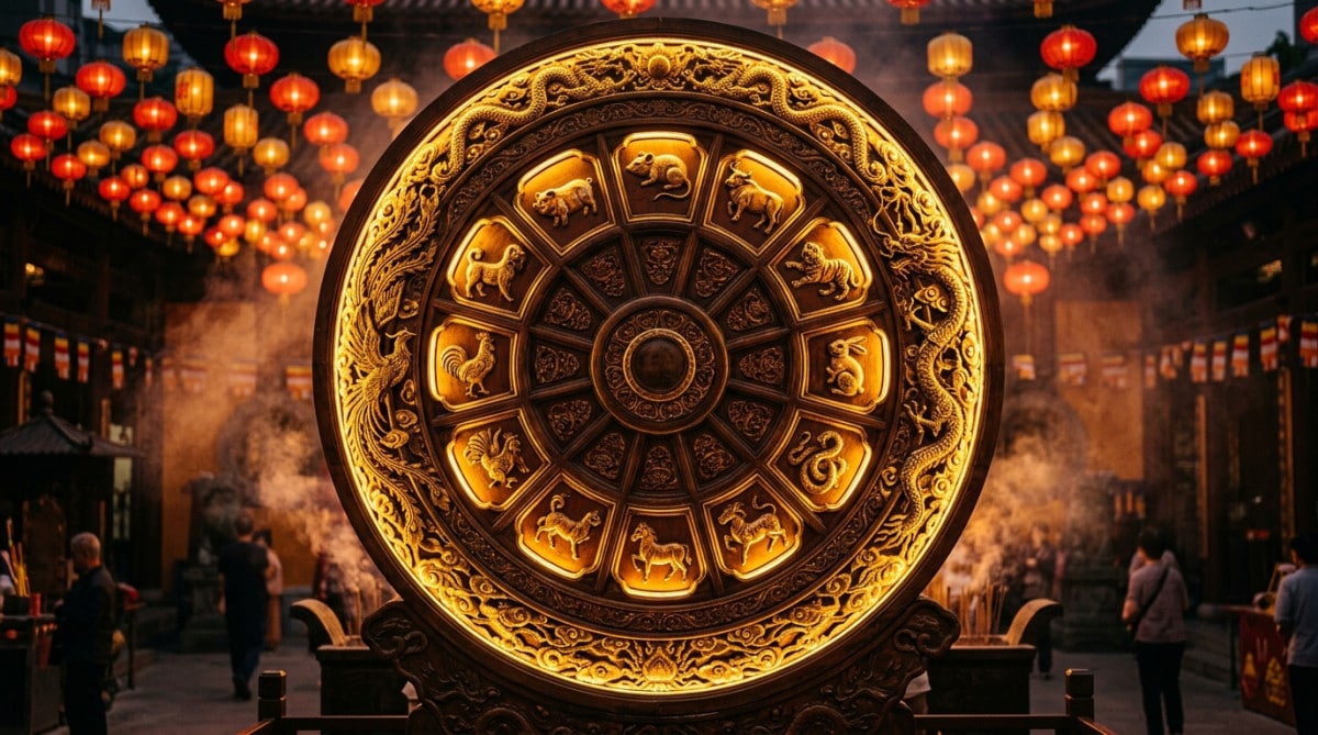 Femme méditant sereinement dans une ambiance mystique dorée symbolisant l'horoscope chinois