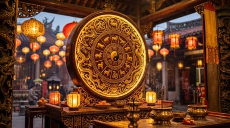 Femme méditant sereinement dans une forêt de bambous mystique pour illustrer l'horoscope chinois