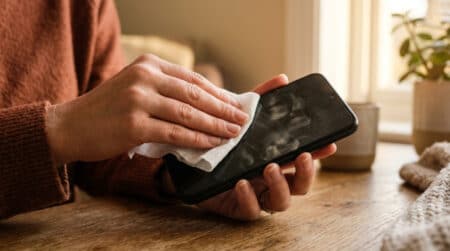 Femme nettoyant l'écran de son smartphone avec une lingette