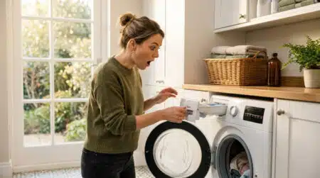 Femme ouvrant le tiroir à lessive de sa machine à laver