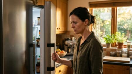 Femme ouvrant son frigo envahi de moucherons