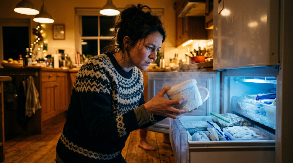 Femme ouvrant un congélateur découvrant un pot de glace givré