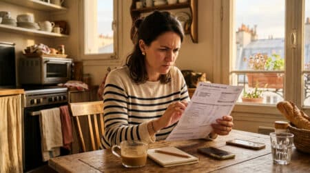 Femme perplexe examinant une facture Internet