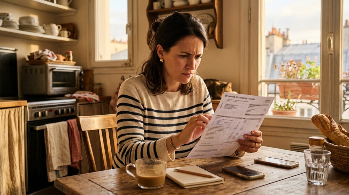 Femme perplexe examinant une facture Internet