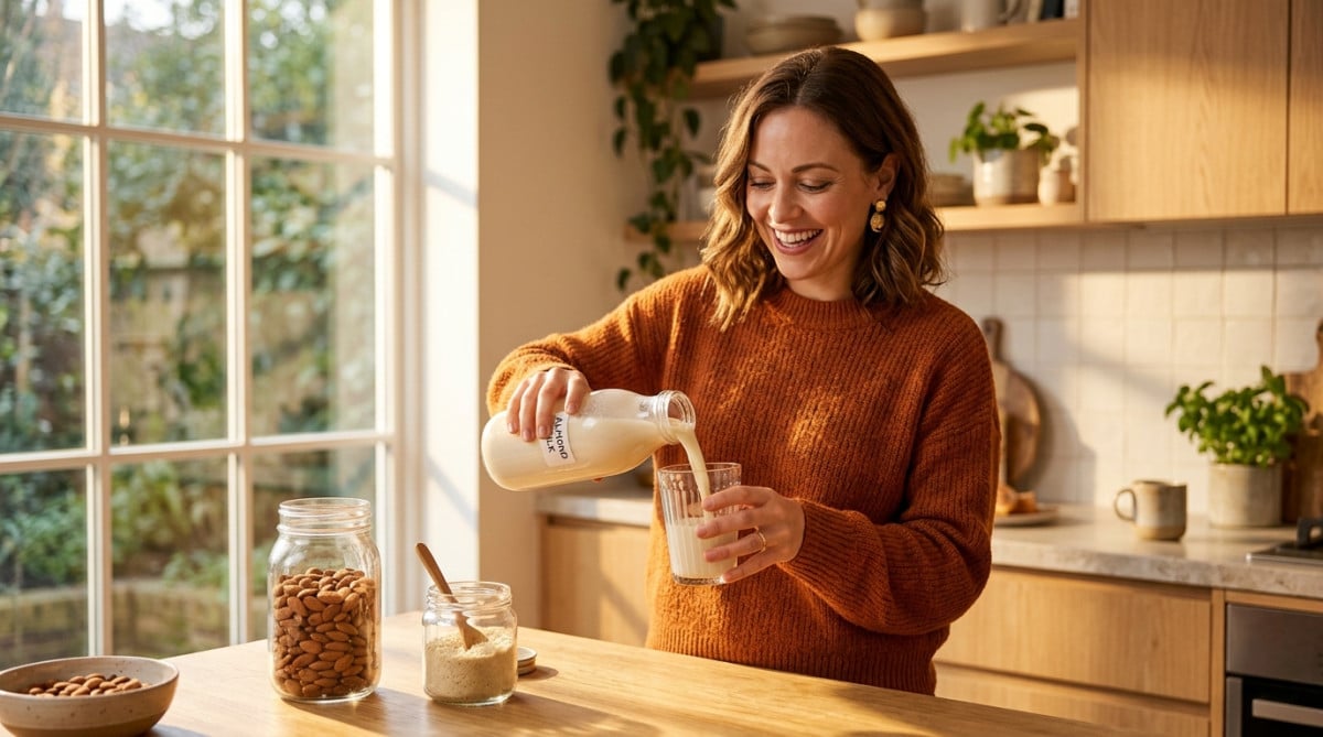 Femme préparant du lait d'amande dans sa cuisine