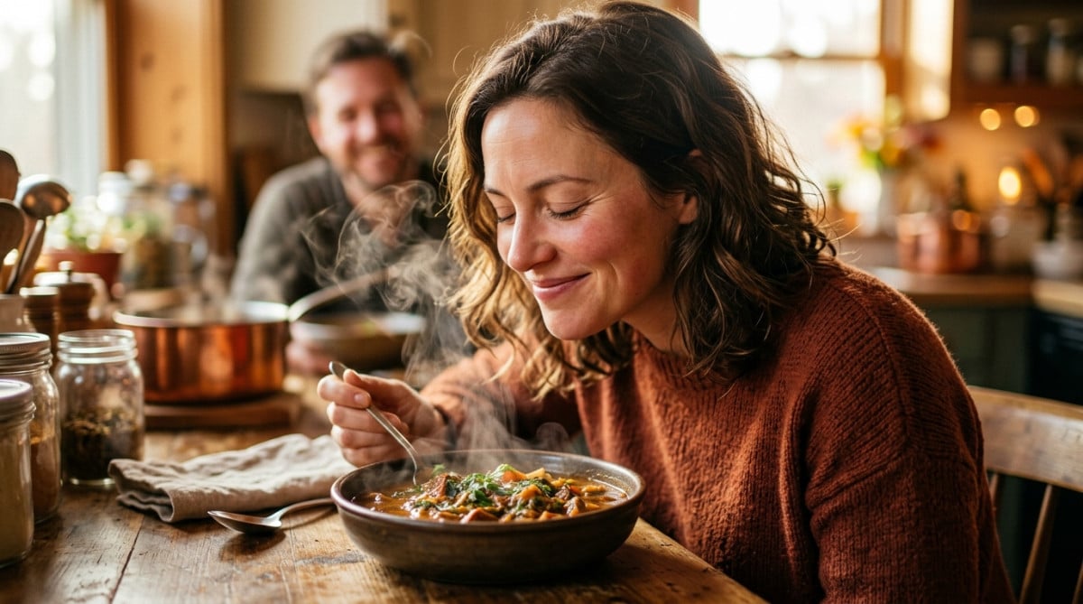 Femme qui sent l'arôme d'un plat avec plaisir