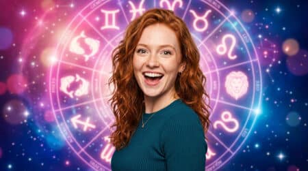 Femme rayonnante entourée d'étoiles dorées dans une ambiance mystique pour l'horoscope du 9 juillet 2026