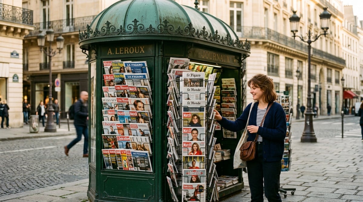 Femme regardant les magazines d'un kiosque parisien