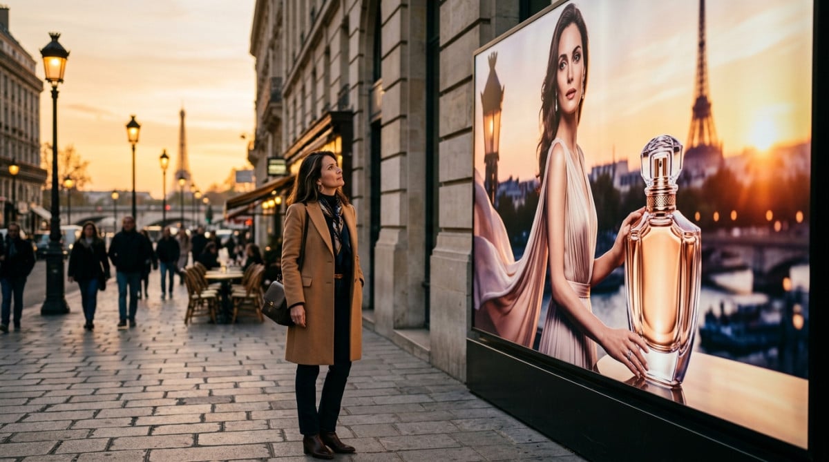Femme regardant une publicité de parfum de luxe