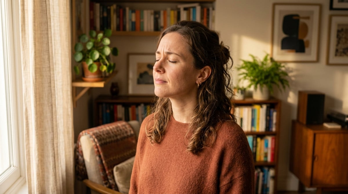 Femme reniflant l'air chez elle avec curiosité