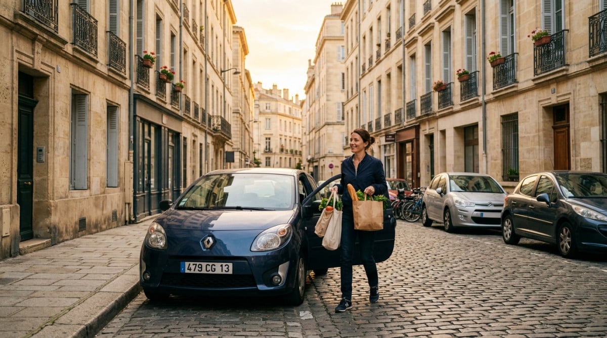 Femme rentrant du marché avec sa voiture