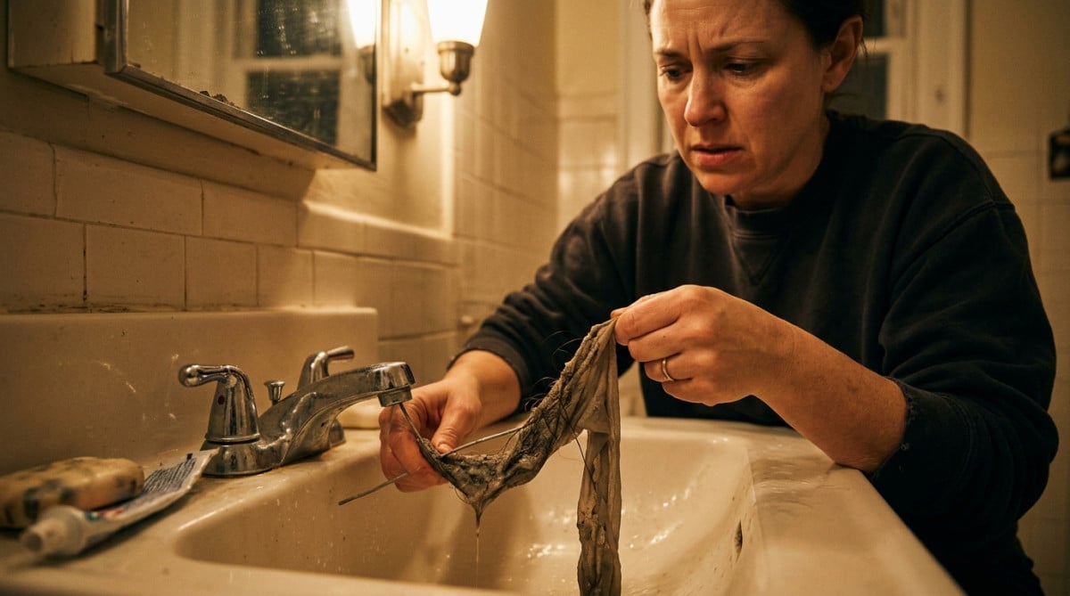 Femme retirant un collant sale d'une canalisation d'évier