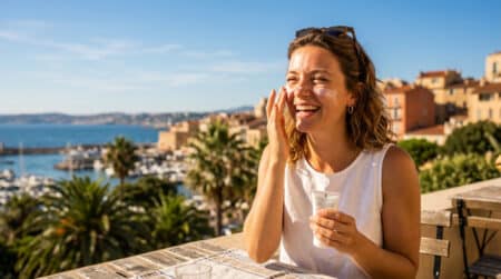 Femme s'appliquant de la crème solaire sous le soleil à Marseille