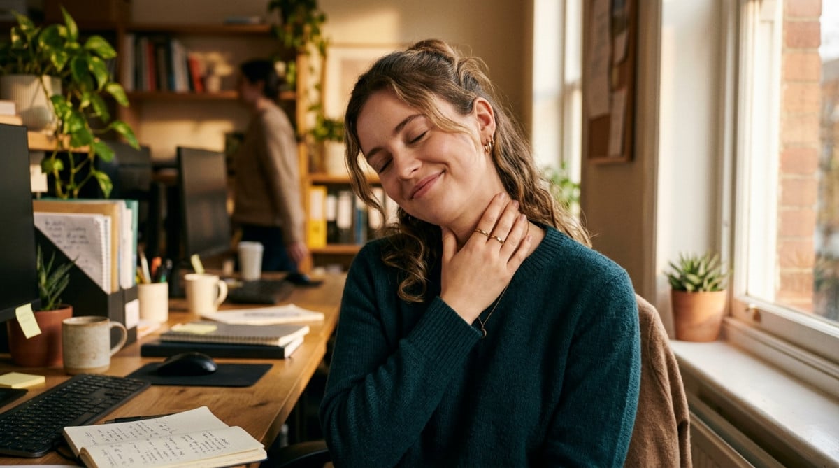 Femme se craquant le cou à son bureau