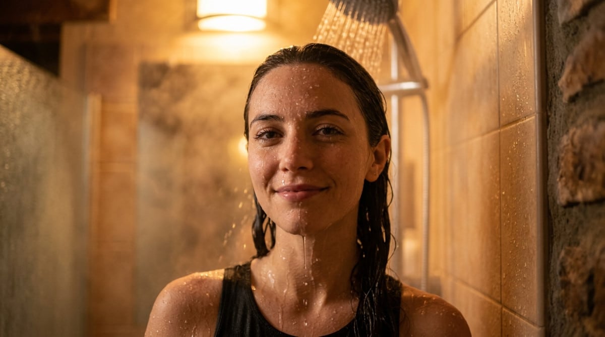 Femme se lavant les cheveux sous la douche