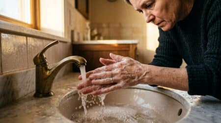 Femme se lavant les mains soigneusement au savon