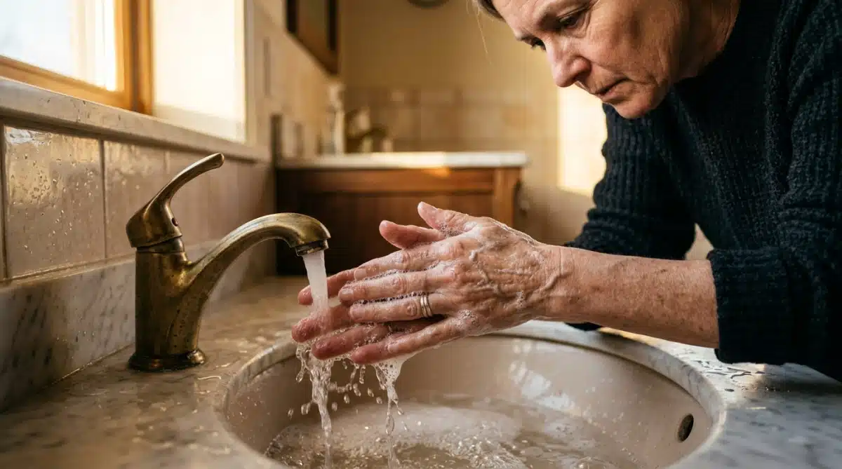Femme se lavant les mains soigneusement au savon