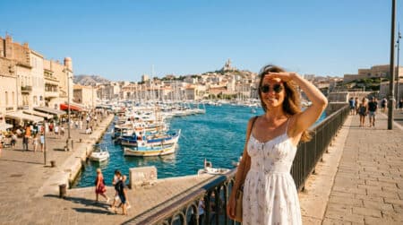 Femme se protégeant du soleil intense à Marseille