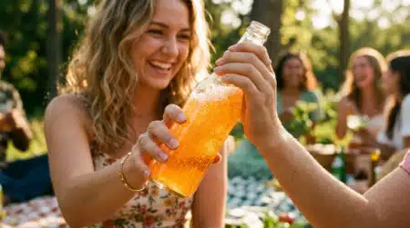 Femme secoue une bouteille de soda à l'orange