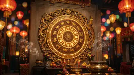 Femme sereine entourée d'une lumière mystique dorée symbolisant l'horoscope chinois du 10 juillet 2026