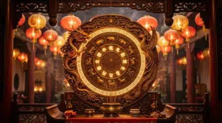 Femme sereine méditant dans un jardin mystique baigné de lumière chaude symbolisant l'énergie Feu-Yin de l'horoscope chinois