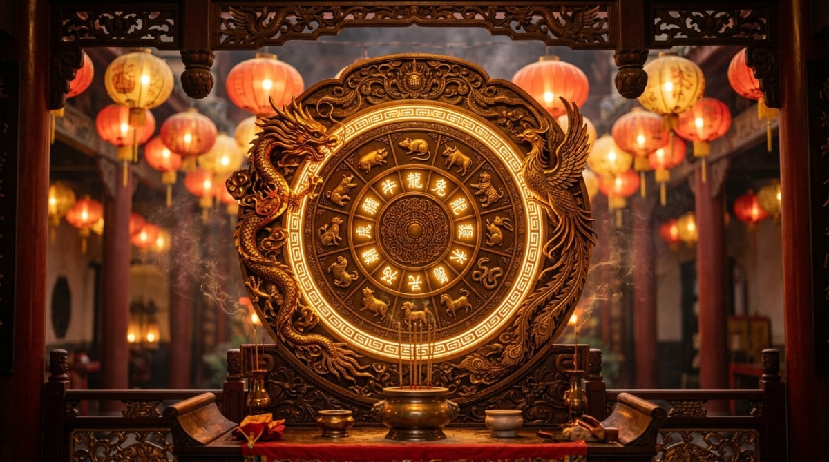 Femme sereine méditant dans un jardin mystique baigné de lumière chaude symbolisant l'énergie Feu-Yin de l'horoscope chinois