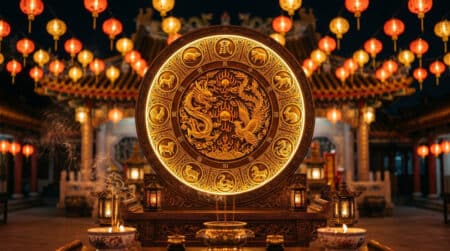 Femme sereine méditant dans un jardin mystique doré symbolisant l'horoscope chinois du 26 juillet 2026