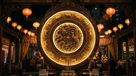 Femme sereine méditant dans un jardin mystique doré symbolisant l'horoscope chinois du 27 juillet 2026