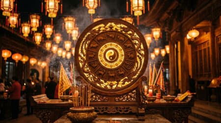 Femme sereine méditant dans un jardin mystique illuminé pour l'horoscope chinois du 22 juillet 2026