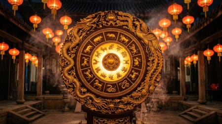 Femme sereine méditant dans une ambiance mystique dorée pour l'horoscope chinois