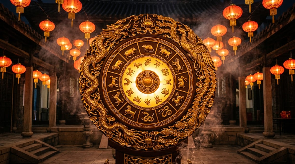 Femme sereine méditant dans une ambiance mystique dorée pour l'horoscope chinois