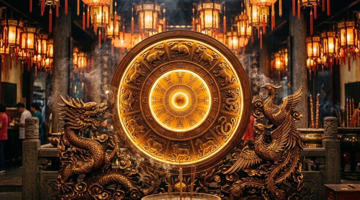 Femme sereine méditant dans une lumière dorée symbolisant l'énergie Terre-Yang de l'horoscope chinois