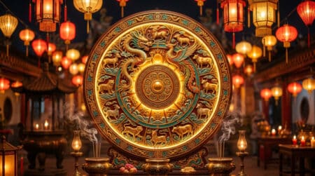 Femme sereine méditant entourée des symboles lumineux du zodiaque chinois dans une ambiance mystique dorée