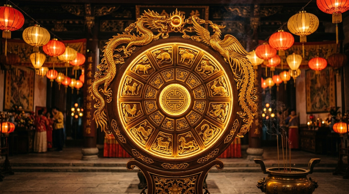 Femme sereine méditant entourée d'une lumière dorée et de brume métallique symbolisant l'énergie Métal-Yang de l'horoscope chinois