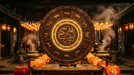 Femme sereine méditant sous une lumière dorée entourée de symboles du zodiaque chinois