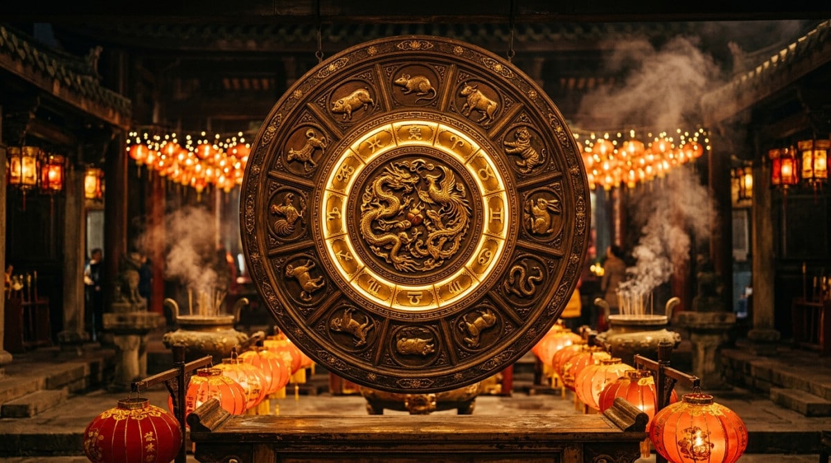 Femme sereine méditant sous une lumière dorée entourée de symboles du zodiaque chinois