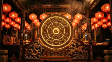Femme sereine méditant sous une lumière dorée entourée de symboles du zodiaque chinois