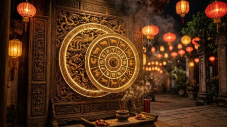 Femme sereine méditant sous une lumière dorée mystique évoquant l'énergie Bois-Yin de l'horoscope chinois
