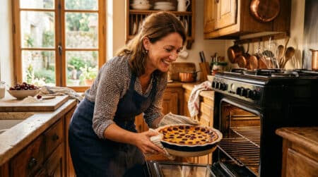 Femme sortant un clafoutis aux cerises du four