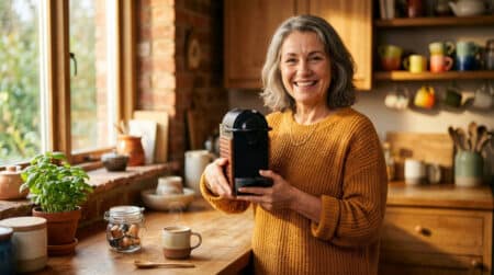Femme souriante avec sa machine à capsules de café