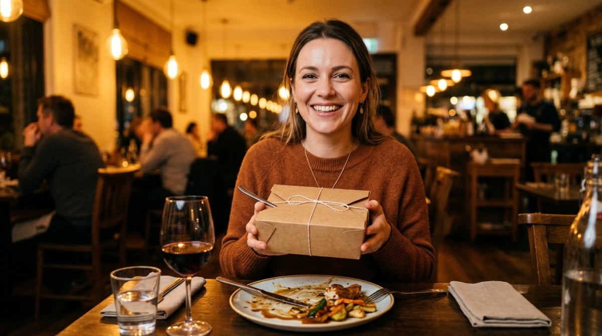 Femme souriante avec une boîte à emporter au restaurant