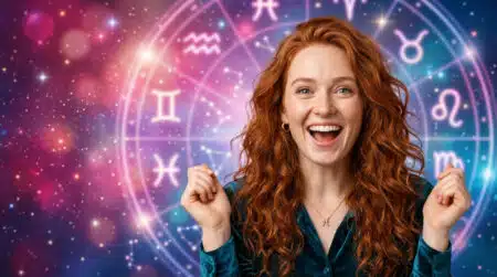 Femme souriante contemplant un ciel étoilé mystique au crépuscule, horoscope du 10 juillet 2026