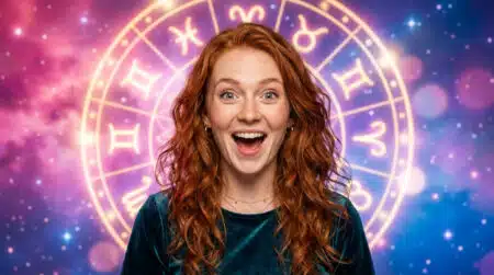 Femme souriante contemplant un ciel étoilé mystique lors de l'horoscope du 24 juillet 2026