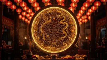 Femme souriante dans une ambiance mystique dorée évoquant l'horoscope chinois du 9 juillet 2026