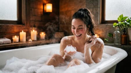 Femme souriante détendue dans un bain moussant chaleureux