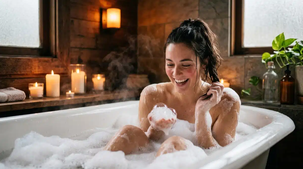 Femme souriante détendue dans un bain moussant chaleureux