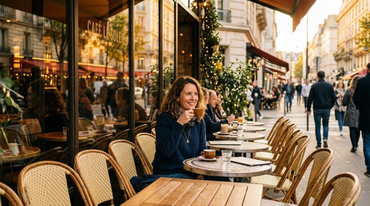 Femme souriante en terrasse regardant les passants dans la rue