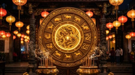 Femme souriante entourée de lumière dorée mystique symbolisant l'horoscope chinois du 25 juillet 2026