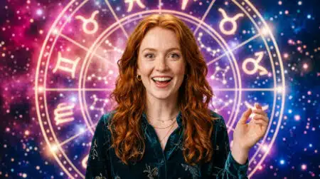 Femme souriante entourée d'une lumière dorée et de constellations mystiques au lever du jour